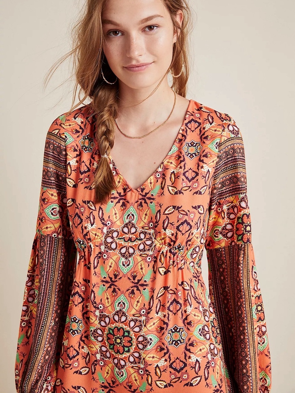 NWT Farm Rio Medallion Maxi Dress XS Orange Boho Puff Sleeve V-Neck - Picture 3 of 5
